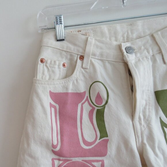 LEVI'S 501 90s Shorts Love Trip in Light White Stonewash Hippie Festival - Picture 4 of 14